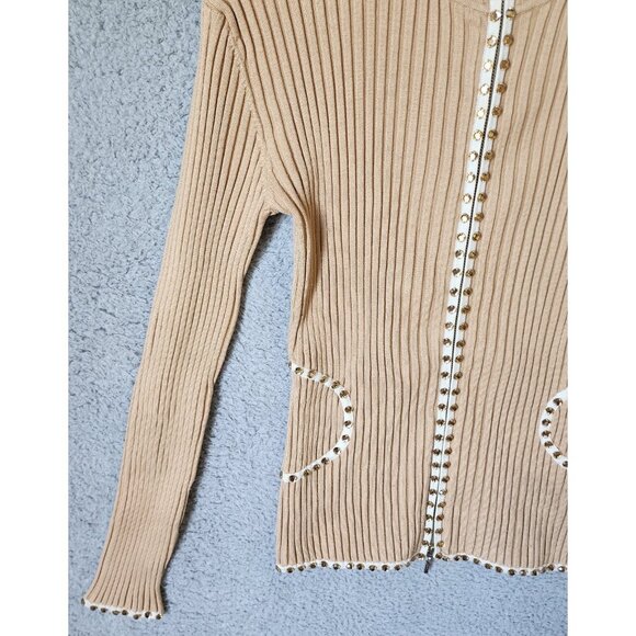 Vtg Y2K Cache Women's L Long Sleeve Zip Up Ribbed Stretch Top Rhinestones Beige - Picture 5 of 12